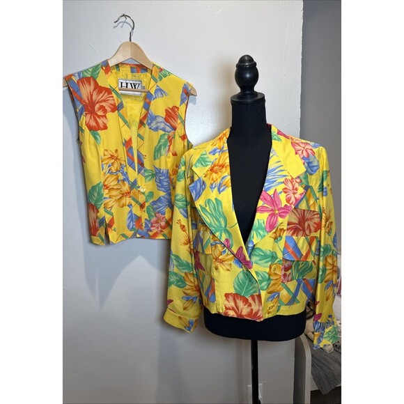 HW Yellow Floral Vest Size 12 with Jacket Size 4 Vintage Tropical Vacation - Picture 1 of 16